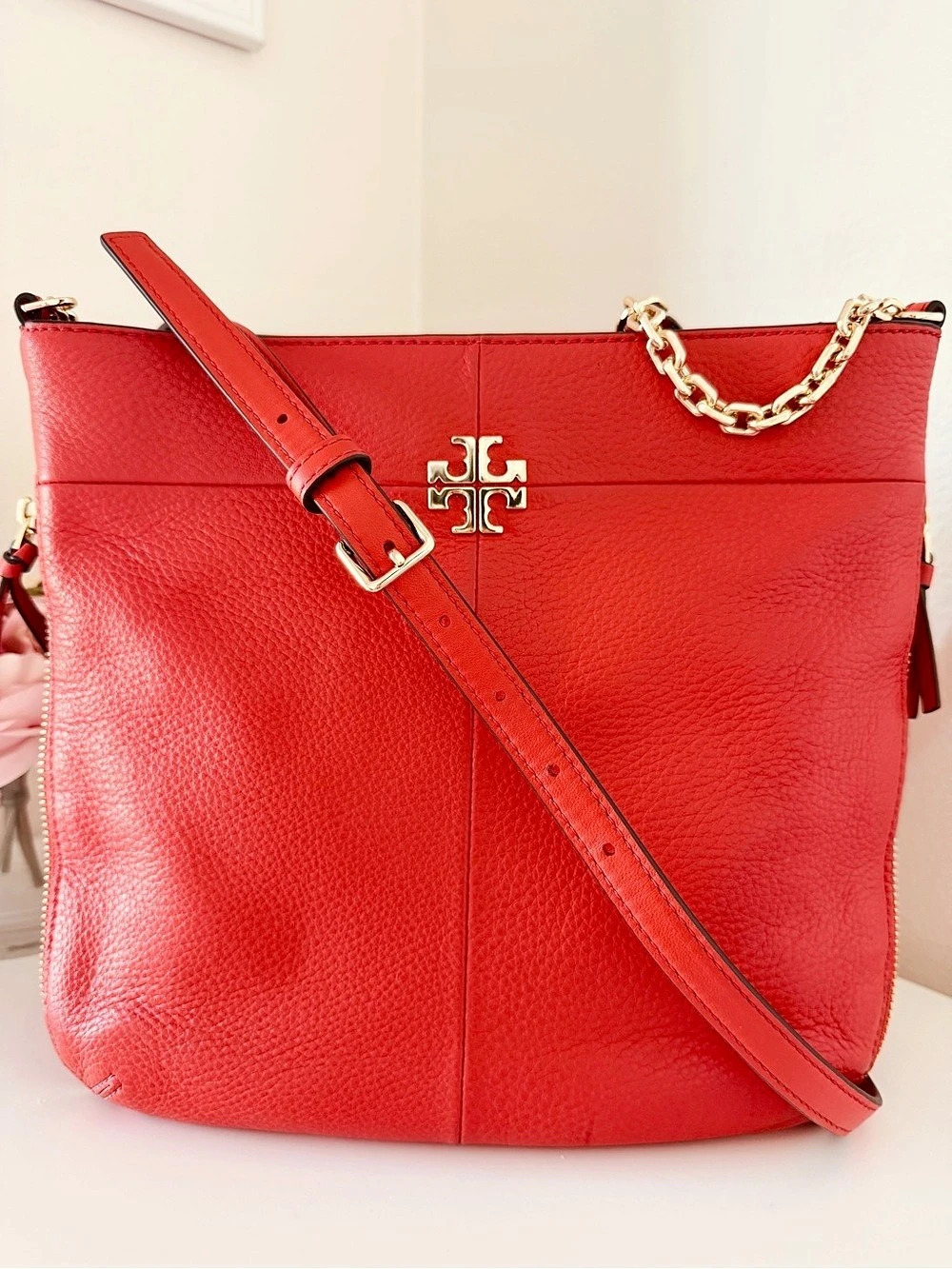Tory Burch Expandable Orange-Red Pebbled Leather Crossbody